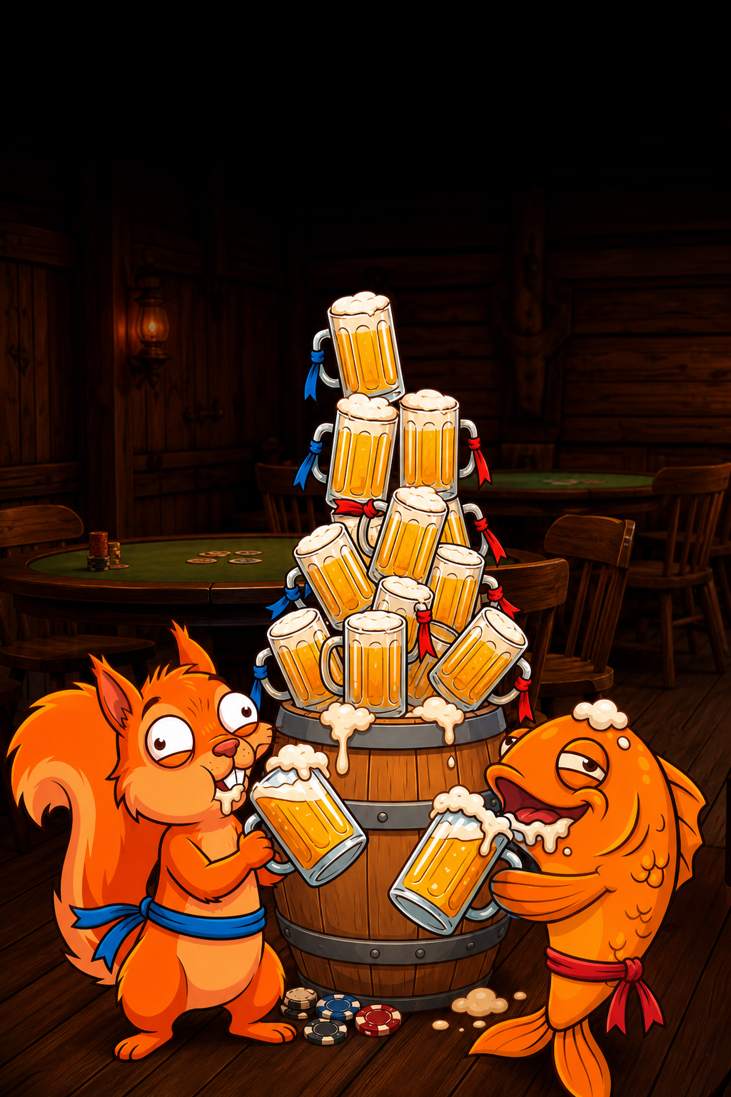 Пивные турниры Beer Casino Пивной турнир Pivo Casino с рыбкой и белкой у башни кружек